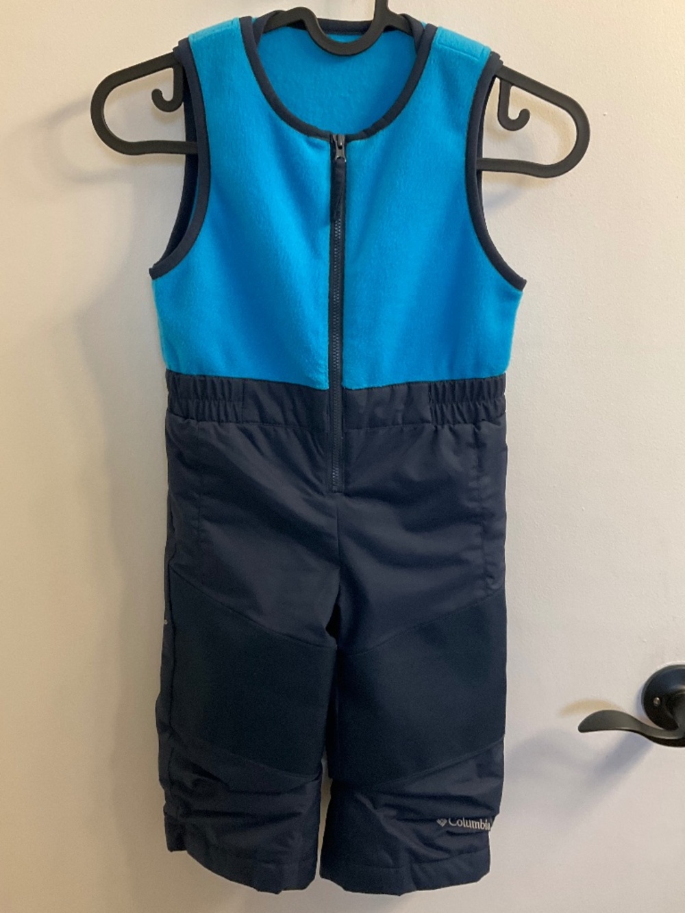 Columbia kids omni-shield bib insulated snow pants with blue fleece, 2T
